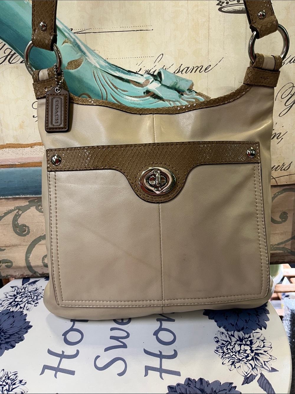 Coach Beige and Brown Leather Shoulder Bag with Turn-Lock